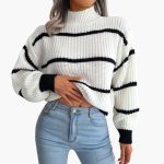 Women's Knit Sweater with Stripes and High Collar - Image 3