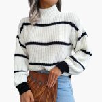 Women's Knit Sweater with Stripes and High Collar - Image 2