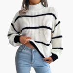 Women's Knit Sweater with Stripes and High Collar - Image 4