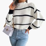 Women's Knit Sweater with Stripes and High Collar