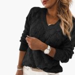 Women's Knitted Sweater with V-Neck and Ribbed Hem - Image 5