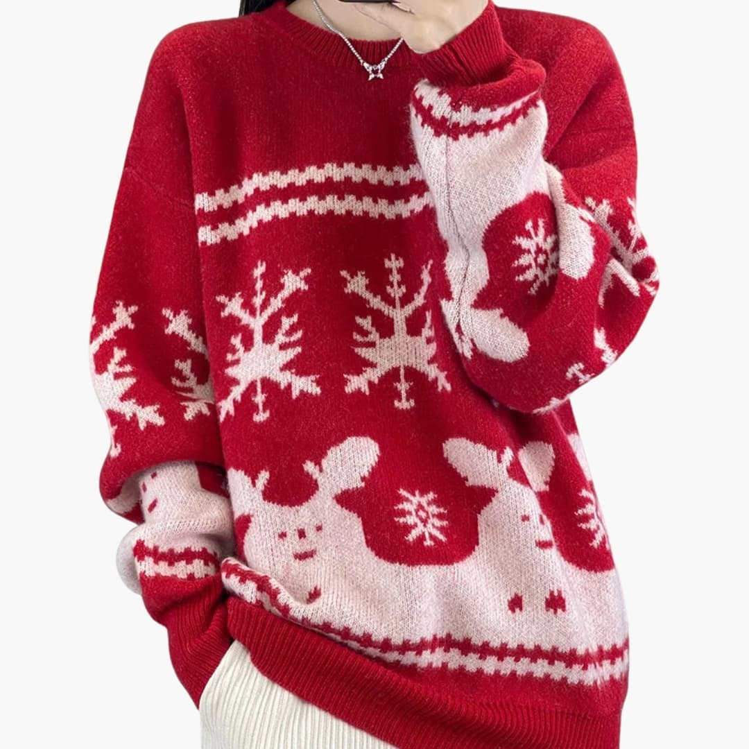 DamenStrickpullovermitfestlichemMusterundRundhalsausschnitt_7138a4ee-6552-433a-b9e7-98e41835d857.jpg Women's Knit Sweater with Festive Pattern and Round Neckline - Image 1