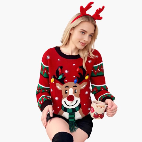 Women's Christmas Sweater with Reindeer Motif and Round Neckline