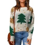 Women's Christmas Sweater with Round Neck and Tree Design