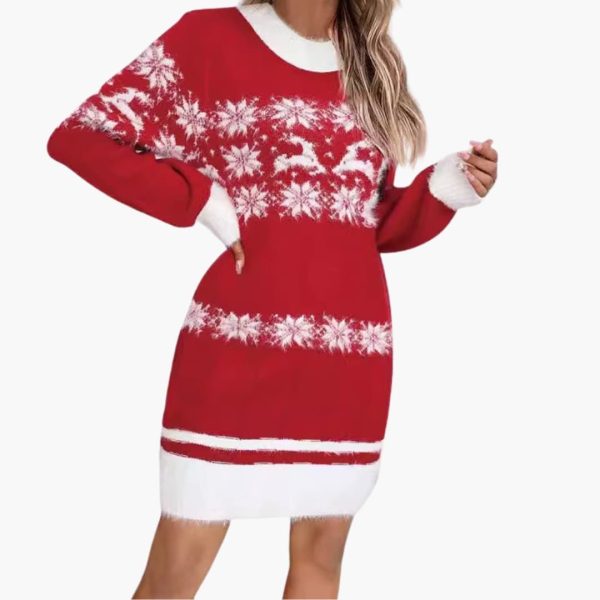 Women's Christmas Sweater with Snowflake Design and Fleece Surface