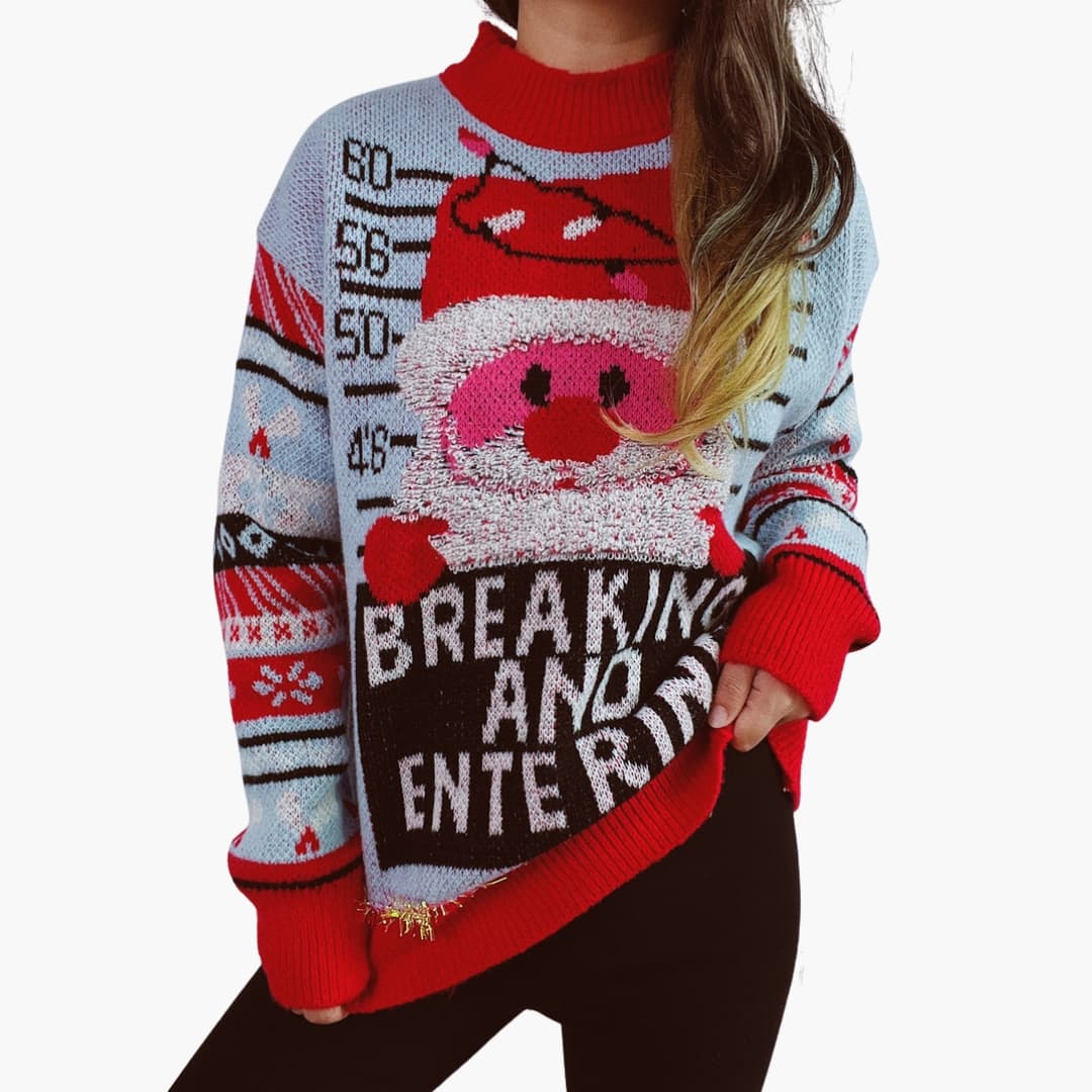 DamenWeihnachtspullovermitWeihnachtsmannmotivundgeripptemKragen_9d064ee9-bb8b-4e9f-8f01-2e93523efc9b.jpg Women's Christmas Sweater with Santa Claus Motif and Ribbed Collar - Image 1