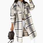 Women's Long Checkered Coat with Button Closure and Lapel Collar - Image 4
