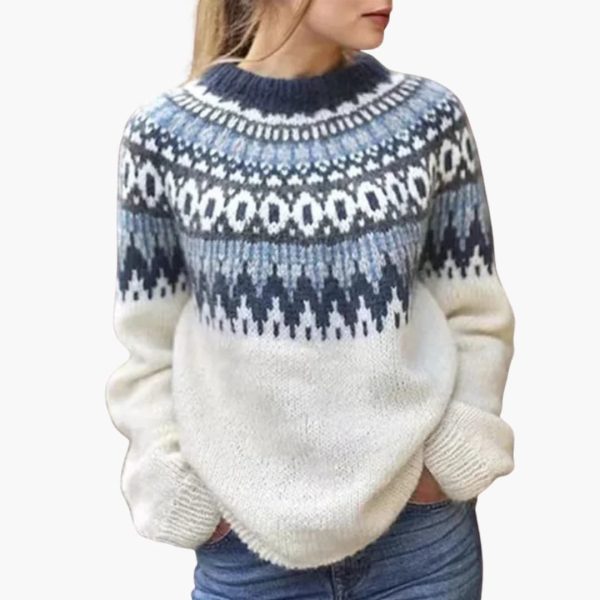 Women's Sweater with Round Neckline and Patterned Yoke