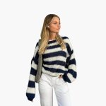 Women's Sweater with Round Neck, Long Sleeves, and Stripe Texture