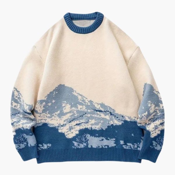 Men's Sweater with Round Neck and Mountain Pattern