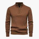 Men's Ribbed Knit Sweater with Half Zip and Stand-Up Collar - Image 5