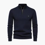 Men's Ribbed Knit Sweater with Half Zip and Stand-Up Collar