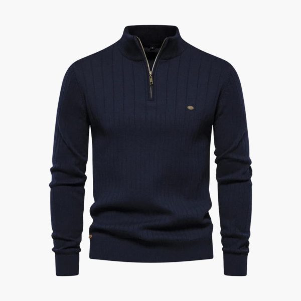 Men's Ribbed Knit Sweater with Half Zip and Stand-Up Collar