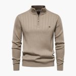 Men's Ribbed Knit Sweater with Half Zip and Stand-Up Collar - Image 2