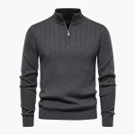 Men's Ribbed Knit Sweater with Half Zip and Stand-Up Collar - Image 3