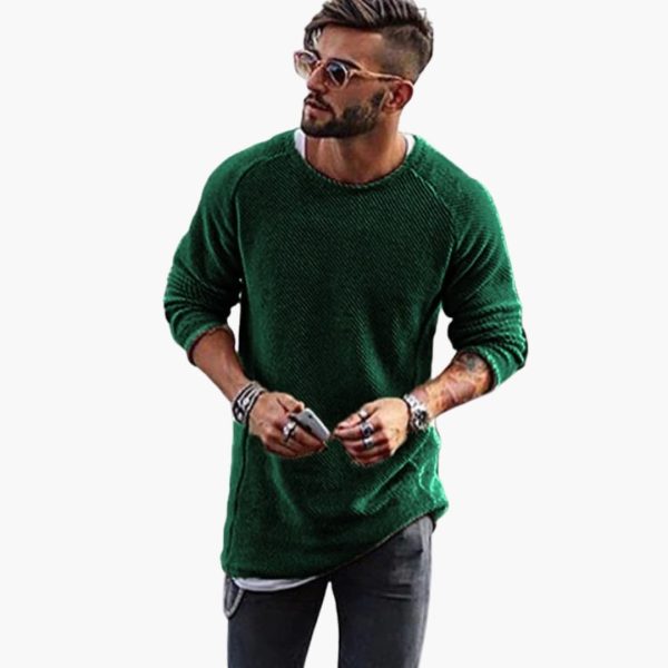 Men's Knitted Sweater with Round Neck and Ribbed Cuffs