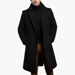 Men's Long Trench Coat with Button Placket - Notched Lapel and Side Pockets
