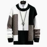 Men’s Sweater with Cable Knit and Patchwork Design - Image 2