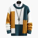 Men’s Sweater with Cable Knit and Patchwork Design - Image 4