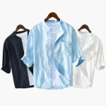 Men’s Linen Shirt with Round Collar and Chest Pocket - Image 6