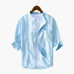 Men’s Linen Shirt with Round Collar and Chest Pocket - Image 2