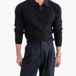 Men’s Ribbed Knit Sweater with Polo Collar and Long Sleeves - Image 3