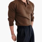 Men’s Ribbed Knit Sweater with Polo Collar and Long Sleeves - Image 4