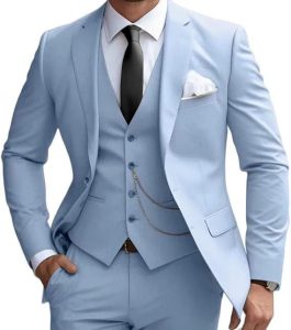 Men's Three-Piece Suit with Notched Vest and Flat Pants
