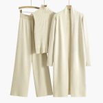 Women’s 3 Piece Knit Set with Open Cardigan Sleeveless Top and Wide Leg Pants - Image 2