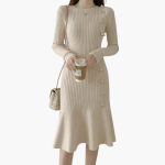 Women’s Knitted Dress with Long Sleeves and Side Buttons - Image 2