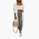 Women’s Long Hooded Knitted Cardigan with Open Front and Side Pockets - Image 2