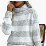 Women's Striped Turtleneck Sweater with Long Sleeves and Ribbed Edges - Image 2