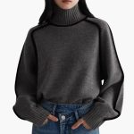 Women’s Turtleneck Sweater with Ribbed Collar and Contrast Trim - Image 4