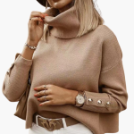 Women’s Turtleneck Sweater with Decorative Sleeve Buttons and Long Sleeves - Image 3
