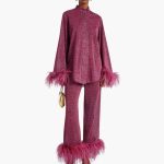 Women’s Two Piece Set with Feather Trim and Button Front - Image 2