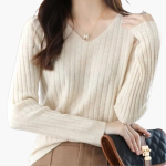 Women’s V-Neck Knitted Sweater with Long Sleeves and Ribbed Finish - Image 2