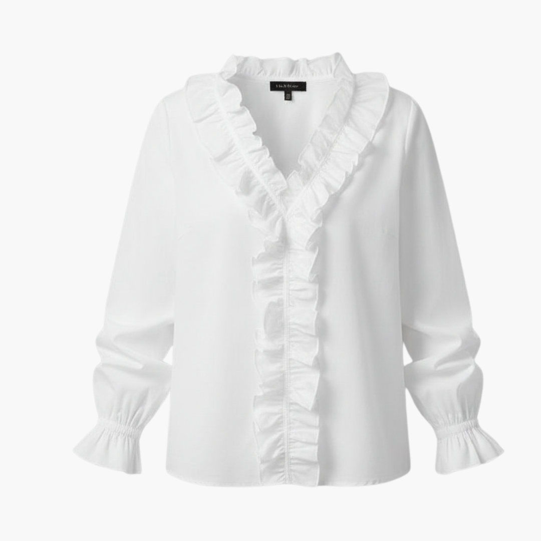 Women_s_Blouse_with_V-Neckline_and_Ruffle_Detail.png Women’s Blouse with V-Neckline and Ruffle Detail - Image 1