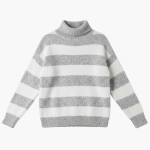 Women's Striped Turtleneck Sweater with Long Sleeves and Ribbed Edges