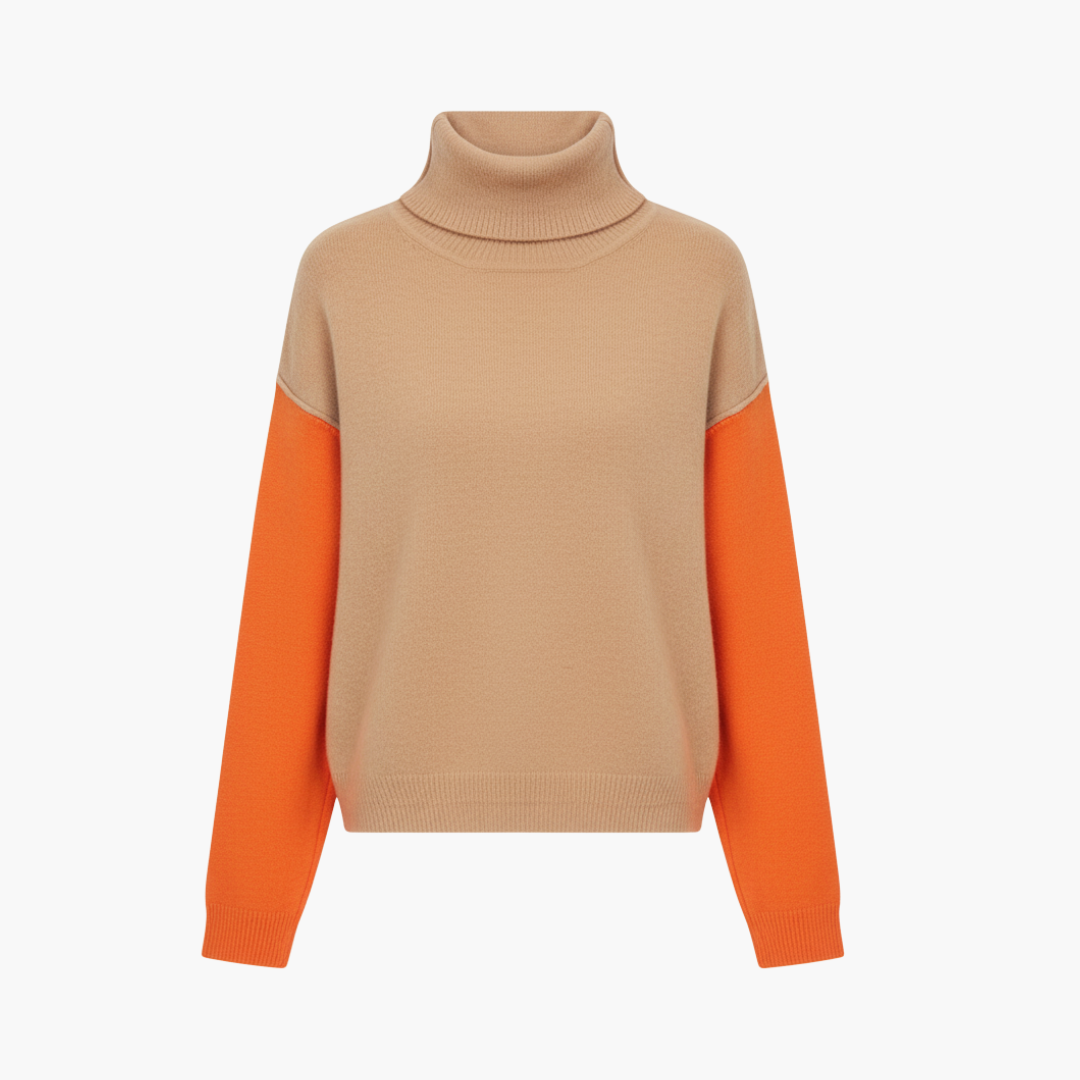Women’s Turtleneck Sweater with Color Block Sleeves - Image 1