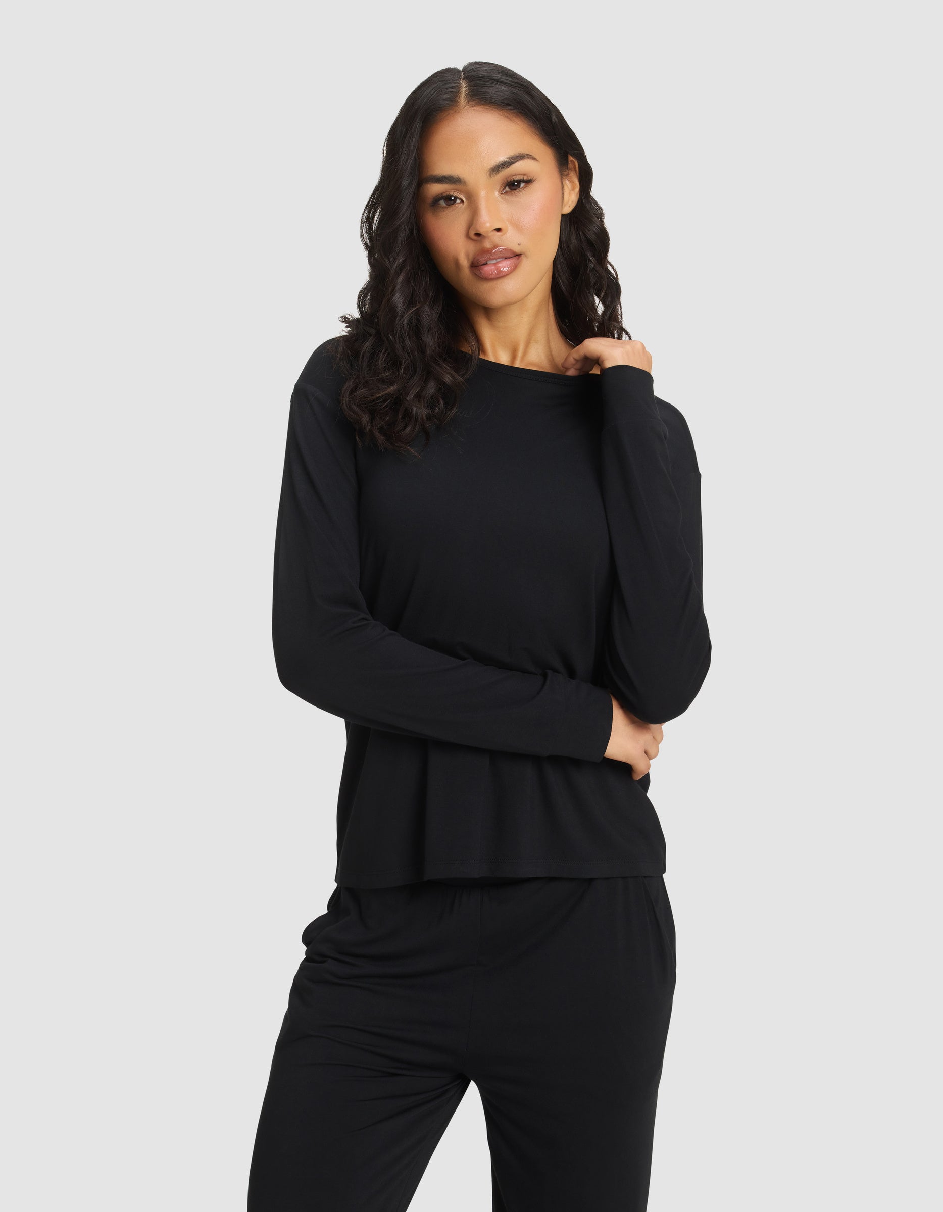 Womens_Bamboo_Stretch_Knit_Lounge_Long_Sleeve_Tee_Black_1.jpg Women's Bamboo Stretch-Knit Long Sleeve Lounge Tee - Image 1